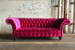 3 Seater Fuchsia Pink Crushed Velvet Fabric Chesterfield Sofa, British Handmade Furniture - thumbnail 1