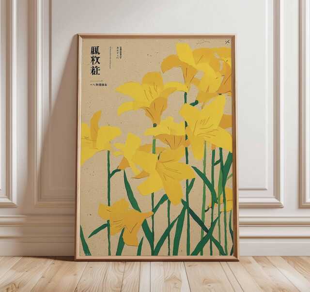 Yellow Lily Wall Art - Japanese Floral Print Minimalist Botanical Poster Modern Flower Illustration - image 1