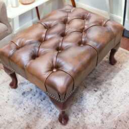 Footrest Legrest Footstool Authentic Chesterfield Real Leather Tan - thumbnail 2