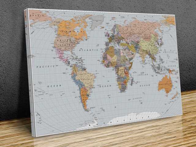 World Map High-Resolution Detailed Wall Art, Multicolour, Hangings, Home Decor, Mounted Canvas Print Ready To Hang - image 1