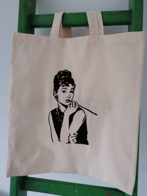 Embroidered Audrey Hepburn Tote Bag 8Oz Cotton Canvas Shopper - image 1