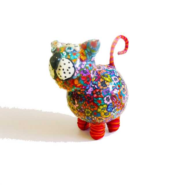 Fat Cat Figurine, Colorful Polymer Clay - Handmade Floral Sculpture - image 1