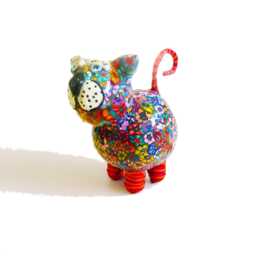 Fat Cat Figurine, Colorful Polymer Clay - Handmade Floral Sculpture - thumbnail 1