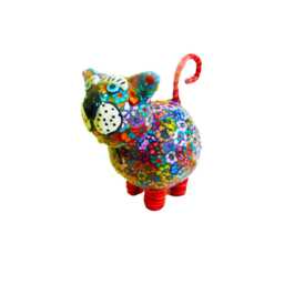 Fat Cat Figurine, Colorful Polymer Clay - Handmade Floral Sculpture - thumbnail 2
