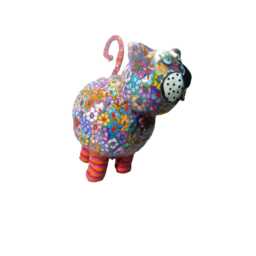 Fat Cat Figurine, Colorful Polymer Clay - Handmade Floral Sculpture - thumbnail 3