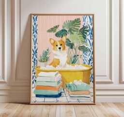 Corgi Bath Wall Art Print, Cute Dog Bathroom Decor, Funny Pet Illustration, Quirky Poster, Lover Gift, Playful Animal Artwork - thumbnail 1