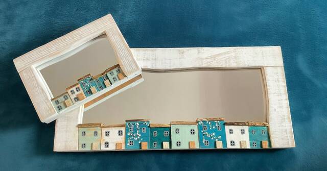 Driftwood Cottage Mirror Set, Teal Cherry Blossom Houses, Signed Art