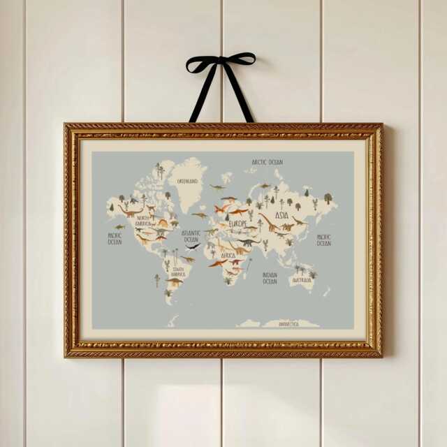 Dinosaur World Map Print - Educational Kids Wall Art Nursery Or Playroom Poster - image 1