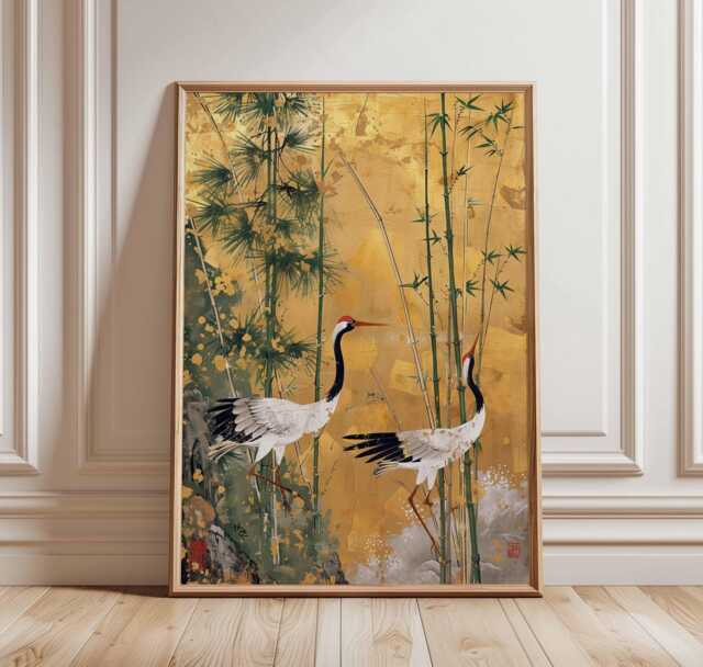 Japanese Crane Wall Art, Gold Foil Style Oriental Poster, Pine Tree Bird Print, Elegant Asian Decor, Traditional Artwork Unframed - image 1