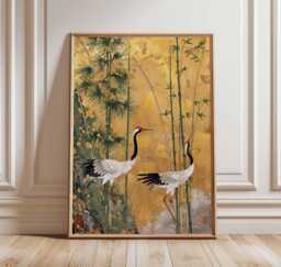 Japanese Crane Wall Art, Gold Foil Style Oriental Poster, Pine Tree Bird Print, Elegant Asian Decor, Traditional Artwork Unframed - thumbnail 1