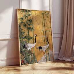 Japanese Crane Wall Art, Gold Foil Style Oriental Poster, Pine Tree Bird Print, Elegant Asian Decor, Traditional Artwork Unframed - thumbnail 3
