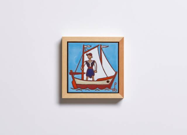 Fishing Boat Art Handpainted Ceramic Tile Maritime Wall Hanging Turquoise House Decor Seaman Bar Cabinet Fisherman Gift Beach Themed - image 1