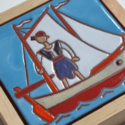 Fishing Boat Art Handpainted Ceramic Tile Maritime Wall Hanging Turquoise House Decor Seaman Bar Cabinet Fisherman Gift Beach Themed - thumbnail 2
