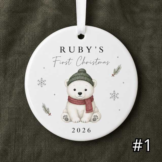 Personalized Baby First Christmas Ornament, Custom Name Polar Bear Ceramic Keepsake, Newborn Gift, Baby's 1st 2026 - image 1