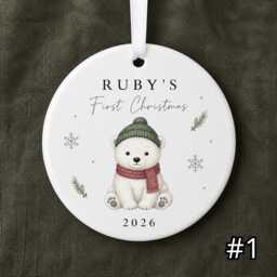 Personalized Baby First Christmas Ornament, Custom Name Polar Bear Ceramic Keepsake, Newborn Gift, Baby's 1st 2026 - thumbnail 1