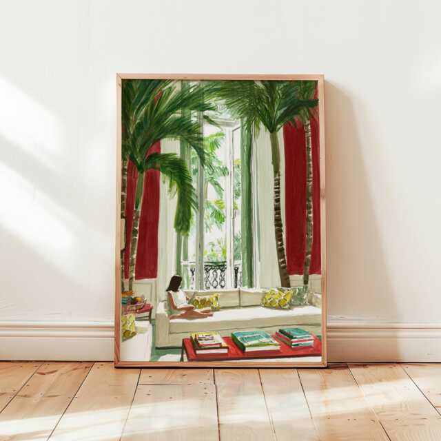 Woman Reading Poster, Cozy Interior Wall Art, Tropical Plants & Red Doors Print, Modern Home Decor, Relaxed Lifestyle Artwork - image 1