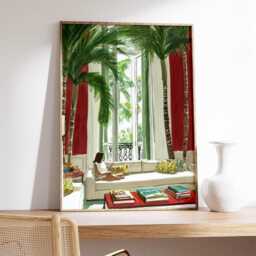 Woman Reading Poster, Cozy Interior Wall Art, Tropical Plants & Red Doors Print, Modern Home Decor, Relaxed Lifestyle Artwork - thumbnail 2