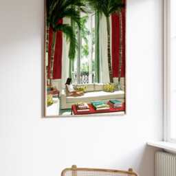 Woman Reading Poster, Cozy Interior Wall Art, Tropical Plants & Red Doors Print, Modern Home Decor, Relaxed Lifestyle Artwork - thumbnail 3