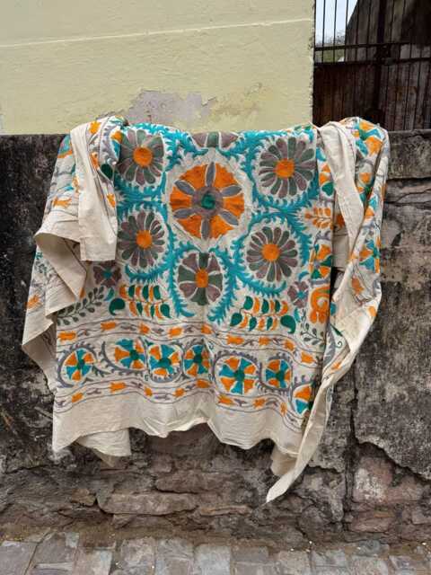 Boho Suzani Throw Blanket - Hand Embroidered Cotton Ethnic Bedspread Quilt - image 1