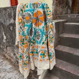 Boho Suzani Throw Blanket - Hand Embroidered Cotton Ethnic Bedspread Quilt - thumbnail 4