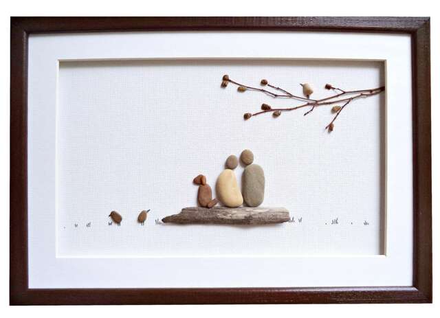 Pebble Art Couple & Dog, Driftwood Art, Stone Couple, Anniversary Gift For Wife Or Husband, Nature Outdoors Dog Lovers - image 1