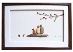 Pebble Art Couple & Dog, Driftwood Art, Stone Couple, Anniversary Gift For Wife Or Husband, Nature Outdoors Dog Lovers - thumbnail 1