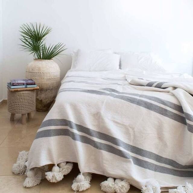 Moroccan Pompom Blanket, Moroccan Throw, Handmade Blanket, Cotton Blanket, Boho Blanket, Bedroom Bedspread, Bedding Blanket - image 1