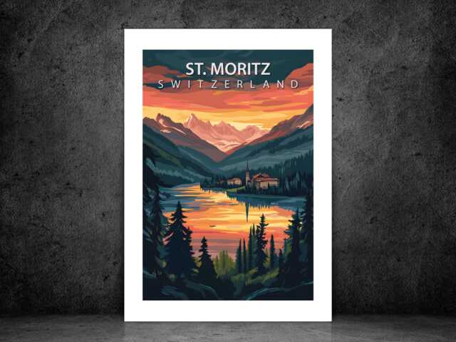 st Moritz Switzerland Travel Poster - Vintage Wall Print Scenic Mountain Art Destination A5 A4 A3 Framed Or Unframed - image 1