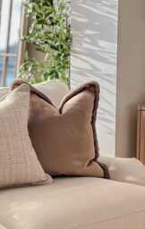 Beige Taupe Velvet Cushion Cover With Fringe Custom Size + Trim Colour - thumbnail 1