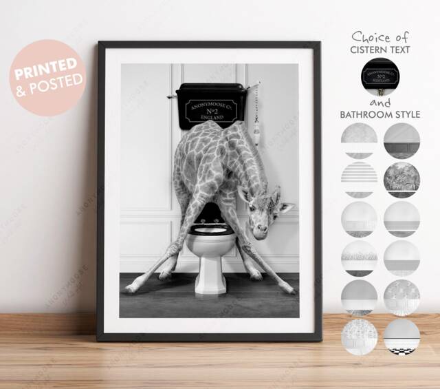 Black & White Giraffe On Toilet, Victorian Funny Bathroom Print, Animal Wall Art, Whimsy - image 1
