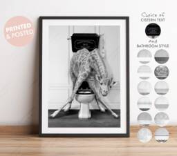 Black & White Giraffe On Toilet, Victorian Funny Bathroom Print, Animal Wall Art, Whimsy - thumbnail 1