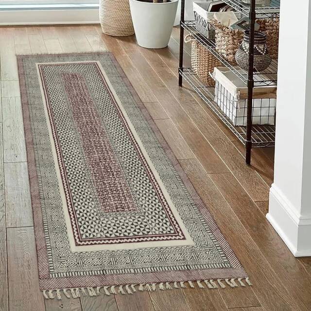 Hand Block Printed Indian Cotton Runner Rug, Hallway Dhurrie Rug - image 1