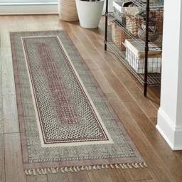 Hand Block Printed Indian Cotton Runner Rug, Hallway Dhurrie Rug - thumbnail 1