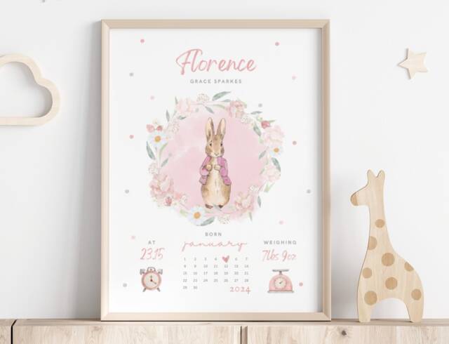 New Baby Girl Gift - Peter Rabbit Birth Details Print Personalised Keepsake Stats Nursery Decor Christening - image 1