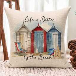Beach Hut Themed Linen Cushion - Decor Life Is Better By The Sea Seaside Lovers, - 40 X cm Washable & Cover - thumbnail 2