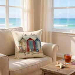 Beach Hut Themed Linen Cushion - Decor Life Is Better By The Sea Seaside Lovers, - 40 X cm Washable & Cover - thumbnail 1