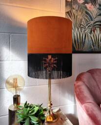 Burnt Orange Fringed Lampshade in Velvet With Black Fringe - thumbnail 1