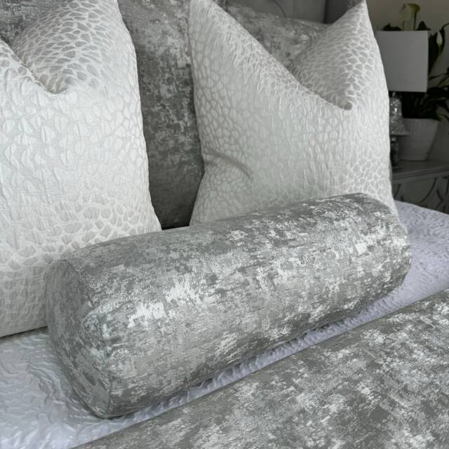 "Luxury Silver Bed Cushion, Accent Modern Decorative Pillow For Sofa Or Bed, Designer Textured Fabric, Venus Cylinder Bolster 16""x6" - image 1