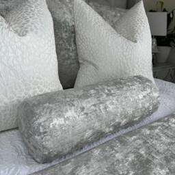 "Luxury Silver Bed Cushion, Accent Modern Decorative Pillow For Sofa Or Bed, Designer Textured Fabric, Venus Cylinder Bolster 16""x6" - thumbnail 1