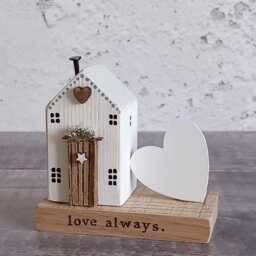 Driftwood Cottage Ornament, Handmade Wooden House With White Heart - thumbnail 2