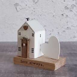 Driftwood Cottage Ornament, Handmade Wooden House With White Heart - thumbnail 3