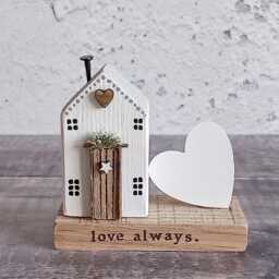 Driftwood Cottage Ornament, Handmade Wooden House With White Heart - thumbnail 1
