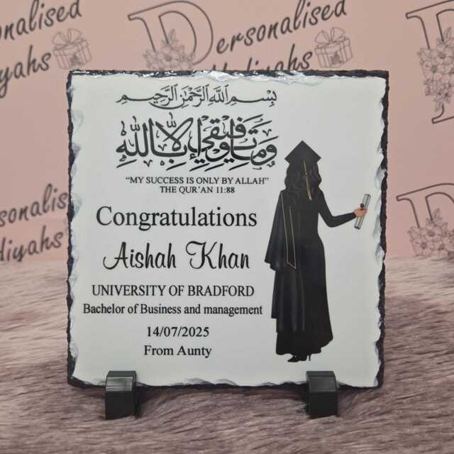 Personalised University Graduation Slate Frame Gifts For A Muslimah Friend Square Rock Duaa Qur'aan Ayat Science Degree Bsc Uni Grad - image 1