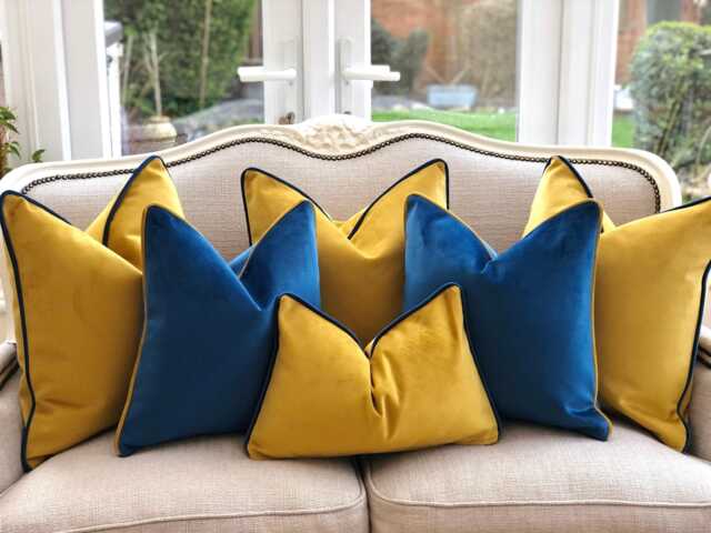 Mustard Gold & Marine Blue Velvet Cushion Cover Set - Modern Throw Pillow Combination