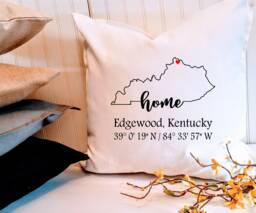 Kentucky Home Custom Coordinates 18 Or 20 Inch Pillow Cover, Choose Your City & Coordinates, Housewarming Gift, Hostess Realtor Gift