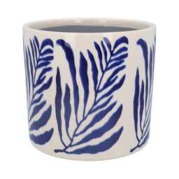 Navy Leaf Branch Plant Pot - Blue Ceramic Planter Home Decor Stoneware Cover - thumbnail 3