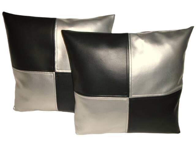 "2 Black & Silver Check Faux Leather Cushions 16"" 18"" 20" - image 1