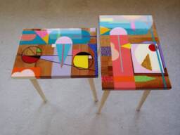 Hand Painted Resin Side Tables Funky Abstract Art, Boho Decor