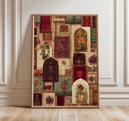 Mughal Arch Collage Poster, Persian-Inspired Wall Art With Ornate Textures & Jewel Tones, Bohemian Print For Cultural Home Decor - thumbnail 1