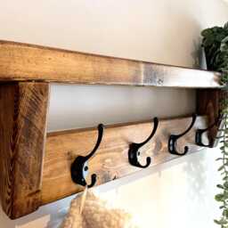 Rustic Entryway Coat Rack Shelf - 10 Black Hooks English Oak Wax Finish - thumbnail 2